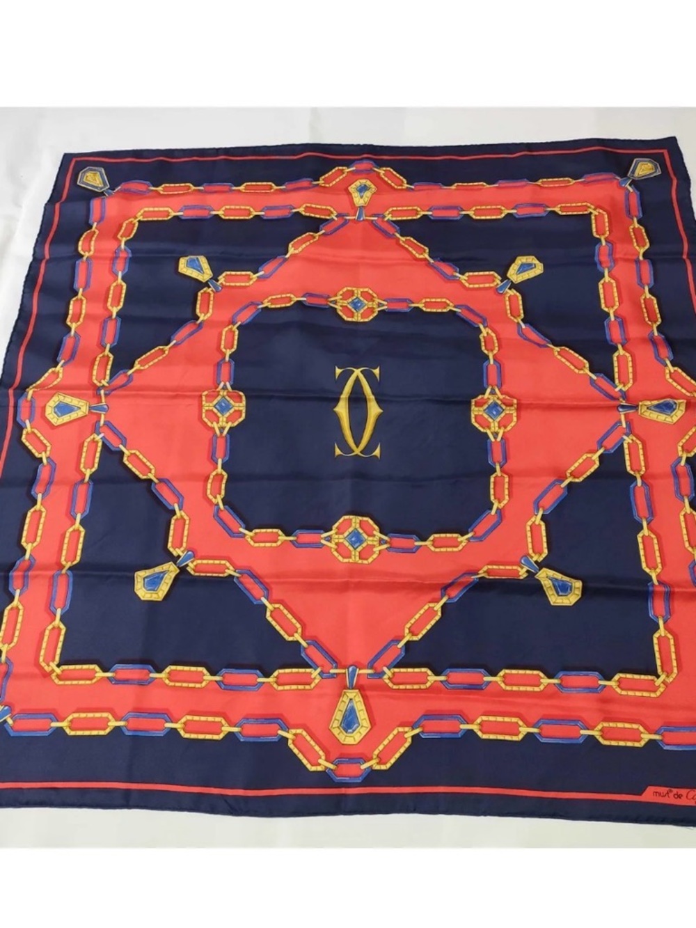 Cartier Navy & Red Silk Chain-Emblem Scarf